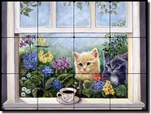 Paterson Coffee Cat Kittens Tumbled Marble Tile Mural 24" x 18" - CPA010