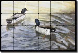 Hughbanks Ducks Birds Tumbled Marble Tile Mural 24" x 16" - DHA003
