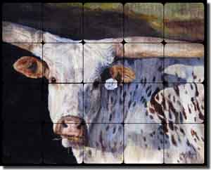 Hughbanks Steer Animal Tumbled Marble Tile Mural 20" x 16" - DHA016