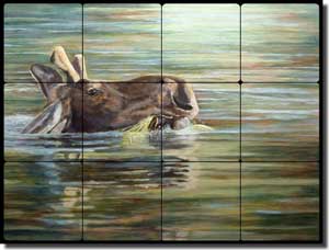 Hughbanks Moose Animal Tumbled Marble Tile Mural 24" x 18" - DHA023