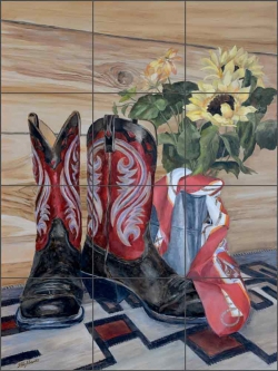Red Boots with Scarf by Debbie Hughbanks Ceramic Tile Mural - DHA071