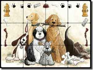 Jensen Dogs Canines Tumbled Marble Tile Mural 16" x 12" - DJ004