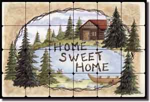 Jensen Cabin Lake Lodge Art Tumbled Marble Tile Mural 24" x 16"