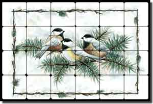 Jensen Chickadee Birds Tumbled Marble Tile Mural 24" x 16" - DJ006