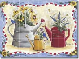 Donna's Watering Cans by Donna Jensen - Floral Ceramic Tile Mural 17" x 12.75"