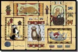 Jensen Cats Feline Tumbled Marble Tile Mural 24" x 16" - DJ014