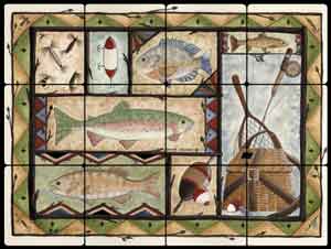 Jensen Fishing Lodge Art Tumbled Marble Tile Mural 16" x 12" - DJ017