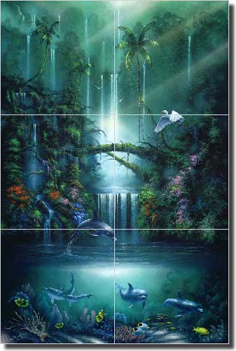 Miller Tropical Waterfall Art Glass Tile Mural 24" x 36" - 12" - DMA2005