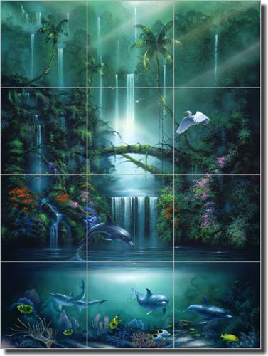 Miller Tropical Waterfall Art Glass Tile Mural 18" x 24" - DMA2005