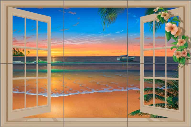 Sunset Through Window with Flowers by David Miller Ceramic Tile Mural DMA2023