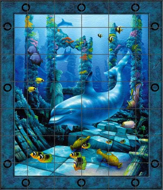 Miller Dolphin Undersea Art Glass Tile Mural DMA2038: Artwork On