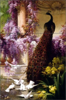 Peacock and Doves in a Garden by Eugene Bidau Ceramic Tile Mural - EB002