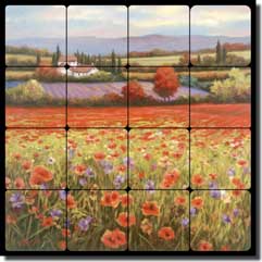 Chiu Poppy Landscape Tumbled Marble Tile Mural 16" x 16" - EC-TC002