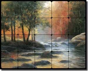 Chiu River Landscape Tumbled Marble Tile Mural 20" x 16" - EC-TC004