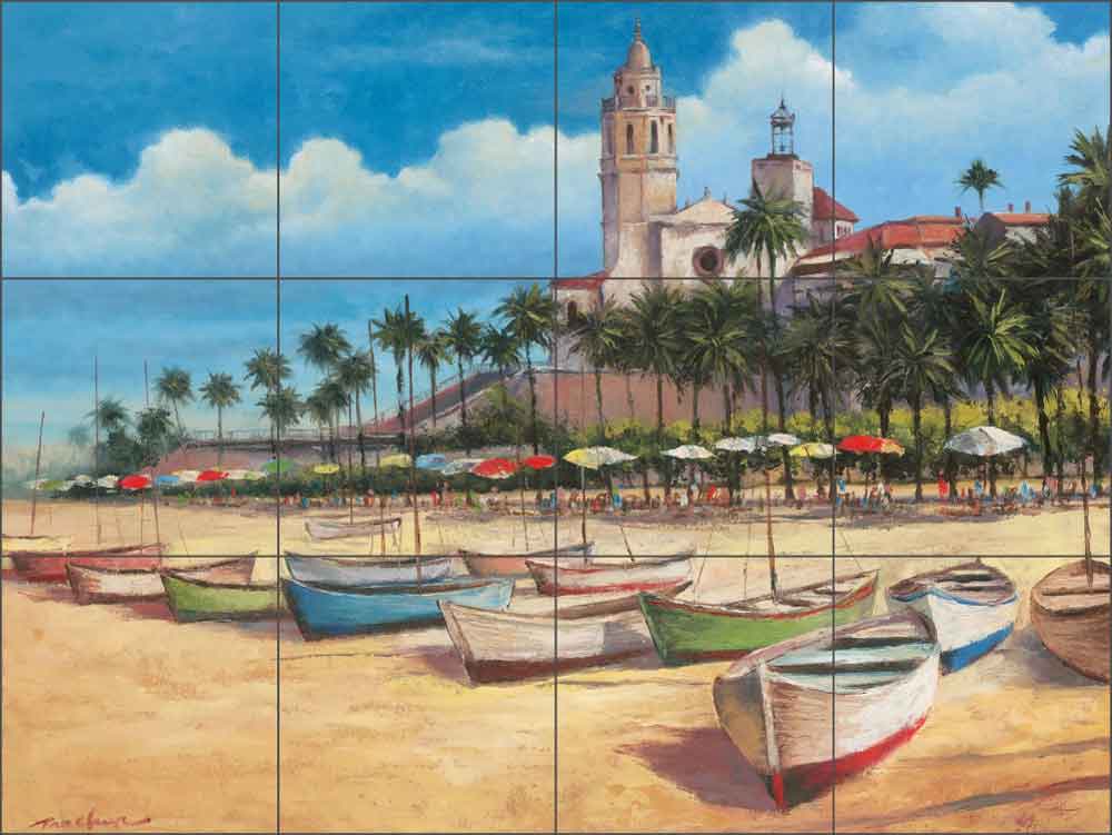 Boats on the Shore by T. C. Chiu Ceramic Tile Mural - EC-TC010