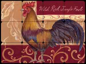 Kasun Red Jungle Fowl Rooster Tumbled Marble Tile Mural 16" x 12" - EC-TK004