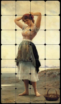 On the Beach by Eugene de Blaas Tumbled Marble Tile Mural - EDB001