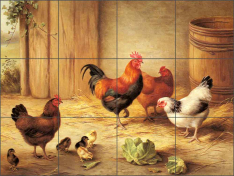 Chickens in a Barnyard by Edgar Hunt Ceramic Tile Mural - EH003