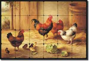 Hunt Rooster Chickens Chicks Tumbled Marble Tile Mural 24" x 16" - EH003