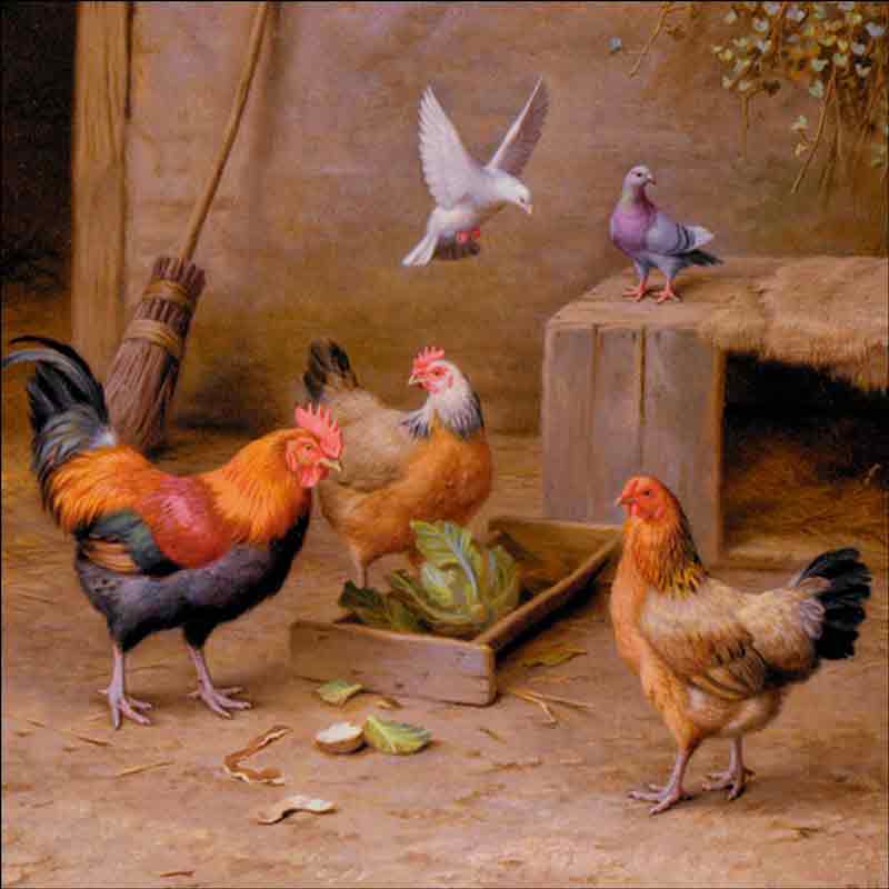 Chickens in a Farmyard by Edgar Hunt Ceramic Accent & Decor Tile EH004AT