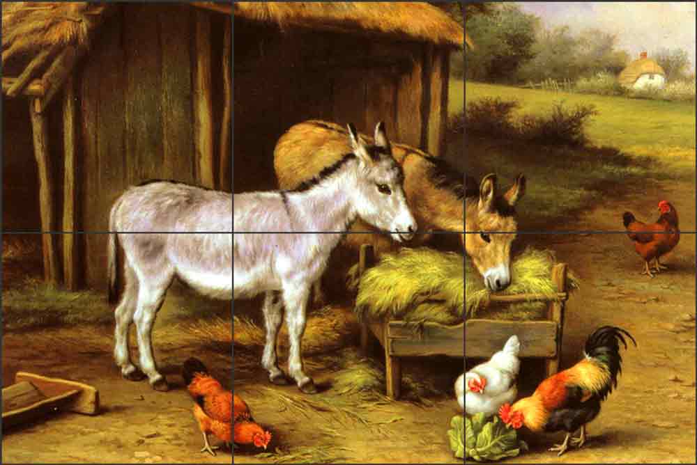 Chickens and Donkeys Feeding Outside a Stable by Edgar Hunt Ceramic Tile Mural EH005