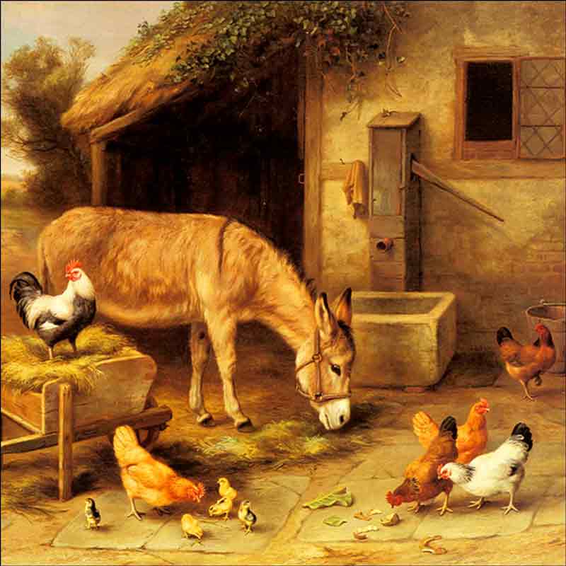 A Donkey and Chickens Outside a Stable by Edgar Hunt Ceramic Accent & Decor Tile EH006AT