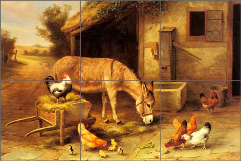 A Donkey and Chickens Outside a Stable by Edgar Hunt Ceramic Tile Mural EH006