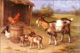 A Farmyard Scene with Goats and Chickens by Edgar Hunt Ceramic Tile Mural EH014