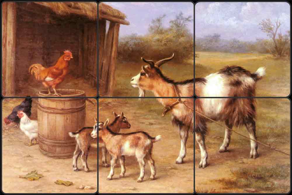 A Farmyard Scene with Goats and Chickens by Edgar Hunt Tumbled Marble Tile Mural EH014