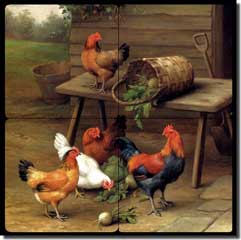 Hunt Rooster Tumbled Marble Tile Mural 12" x 12" - 6" - EH020-3