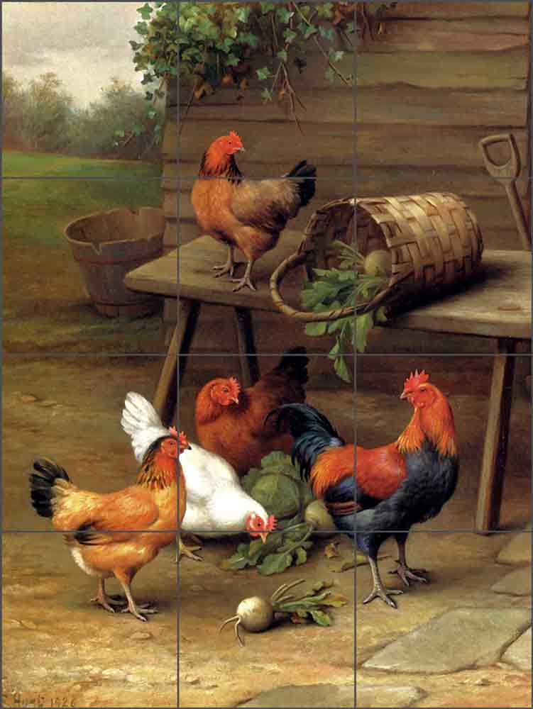 Poultry in a Barnyard by Edgar Hunt Ceramic Tile Mural EH020