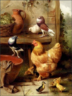 A Chicken, Doves, Pigeons and Ducklings by Edgar Hunt Ceramic Tile Mural EH022
