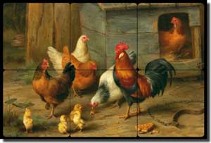 Hunt Rooster Chickens Cockerel Tumbled Marble Tile Mural 18" x 12" - EH030
