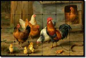 Hunt Rooster Chickens Cockerel Tumbled Marble Tile Mural 36x24" - 6" - EH030