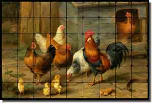 Hunt Rooster Chickens Cockerel Tumbled Marble Tile Mural 36x24" - EH030