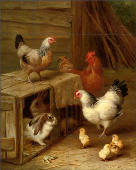 Cockerel Hens, Chicks and Rabbits by Edgar Hunt Ceramic Tile Mural EH036