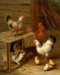 Cockerel Hens, Chicks and Rabbits by Edgar Hunt Ceramic Tile Mural EH036