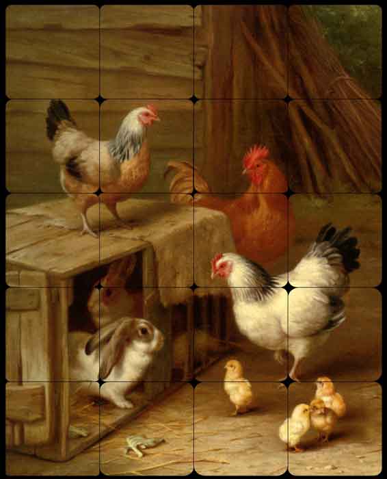 Cockerel Hens, Chicks and Rabbits by Edgar Hunt Tumbled Marble Tile Mural EH036