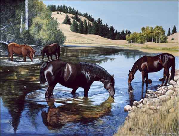 Horses at the Lake by Liz Mitten Ryan Ceramic Accent & Decor Tile - EWH-LMR006AT