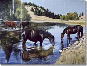 Horses at the Lake by Liz Mitten Ryan Glass Tile Mural 24" x 18" - EWH-LMR006