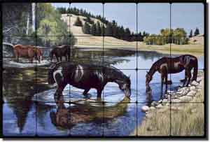 Horses at the Lake by Liz Mitten Ryan Tumbled Marble Tile Mural 24" x 16" - EWH-LMR006
