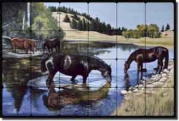Horses at the Lake by Liz Mitten Ryan Tumbled Marble Tile Mural 24" x 16" - EWH-LMR006