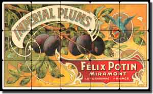 Plum Fruit Crate Label Tumbled Marble Tile Mural 20" x 12" - FCL041