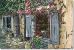 Cafe du Midi by Ginger Cook - Village Scene Tumbled Marble Mural 16" x 24" Kitchen Shower Backsplash