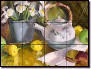 Crowe Fruit Tea Still Life Tumbled Marble Tile Mural 16" x 12"