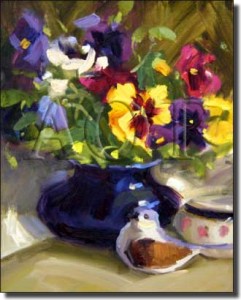 Pretty Pansies by Judy Crowe - Floral Still Life Tumbled Marble Tile Mural 16" x 12" Kitchen Shower