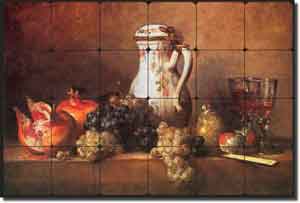 Chardin Grapes Pomegranates Fruit Tumbled Marble Tile Mural 24" x 16" - JBSC008