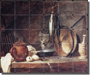 The Fast Day Meal by Jean Baptiste Simeon Chardin - Fish Still Life Tumbled Marble Mural 20" x 24" K