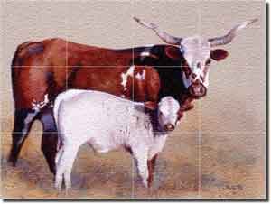 Fawcett Western Longhorn Cattle Glass Tile Mural 24" x 18" - JFA001