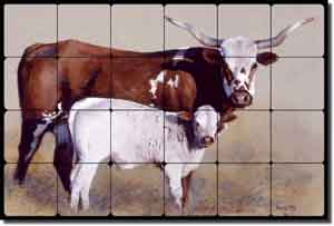 Fawcett Western Longhorn Cattle Tumbled Marble Tile Mural 24" x 16" - JFA001